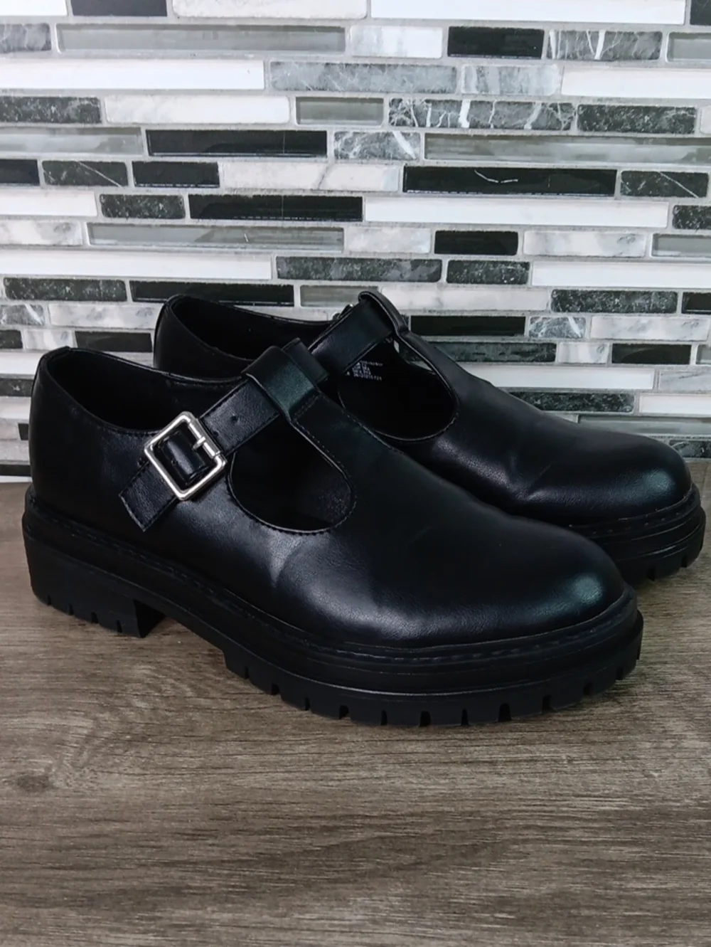 No Boundaries 7.5 Black Mary Janes Faux Leather Chunky Heel School Girl